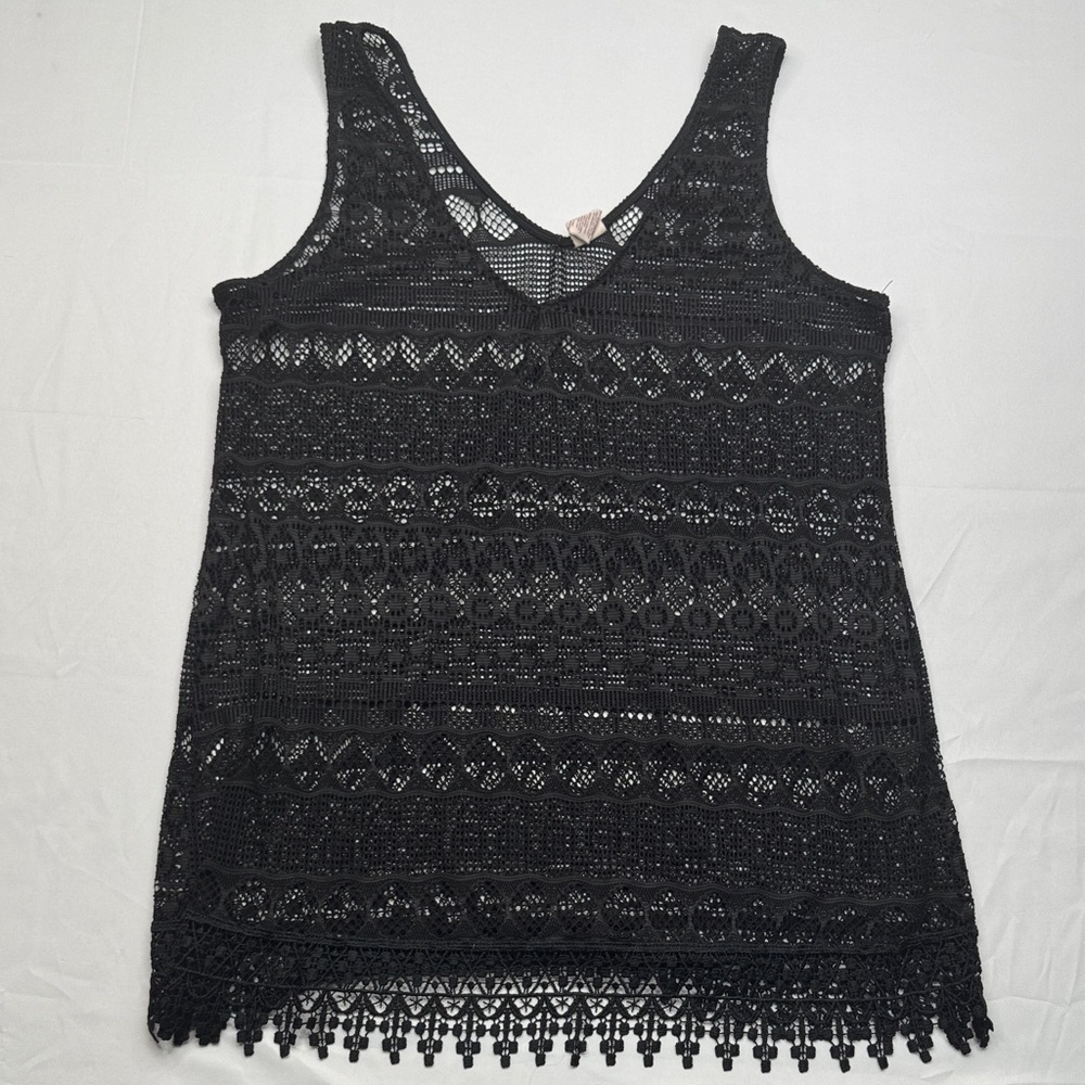 OP Black Crochet Swim Coverup black CL 15-17 lace design tank top layering cover